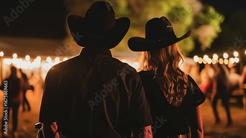 A couple in cowboy hats looks at a string of lights at night
