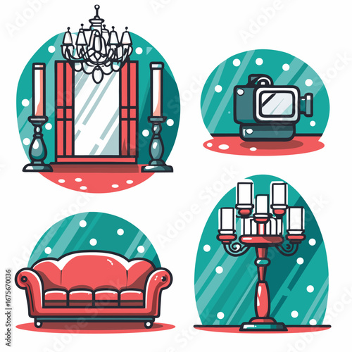 Classic vectors couch, camera, mirror, and candelabra