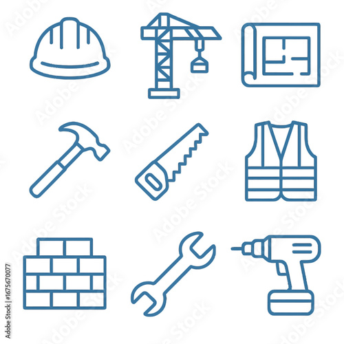 Construction icons set: tools, hard hat, crane, blueprint, and safety vest