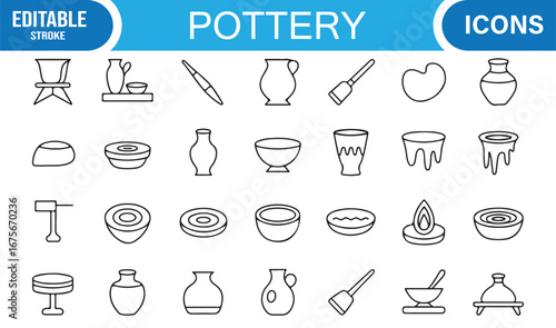 Line style pottery icons pack with ancient vessels, heritage designs, and ceramic molds