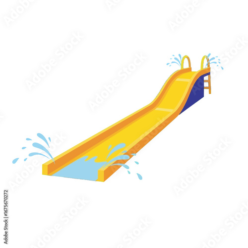 A vibrant yellow water slide, complete with splashing water, is depicted against a striking black background.
