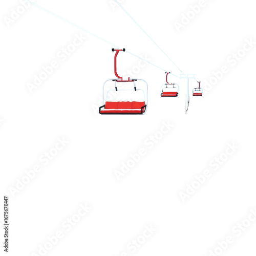 A row of red ski lift chairs hangs suspended from white cables against a black background.