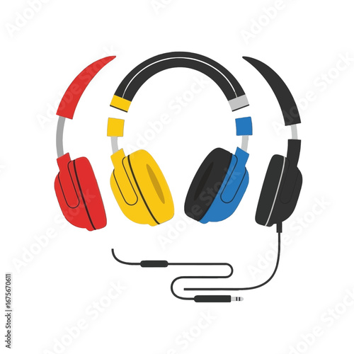 Colorful headphones in red, yellow, blue, and black, arranged in a dynamic composition against a stark black background.