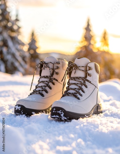 Winter boots in snow at sunrise