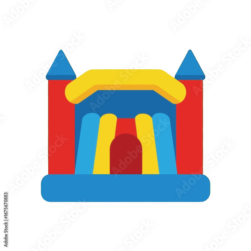 A colorful inflatable bounce house, perfect for kids' entertainment, features vibrant red, blue, yellow, and other colors.