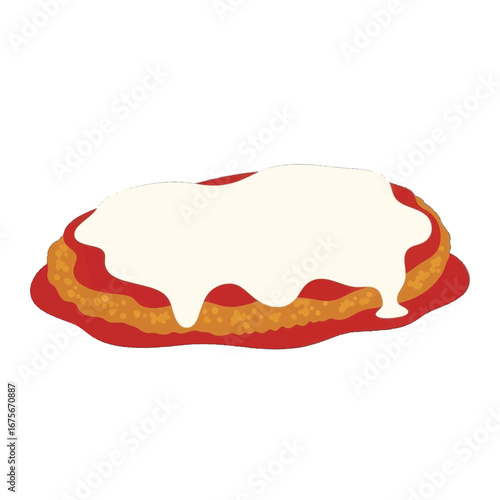 A flat, stylized illustration of a breaded food item, generously coated in white sauce, set against a black background.