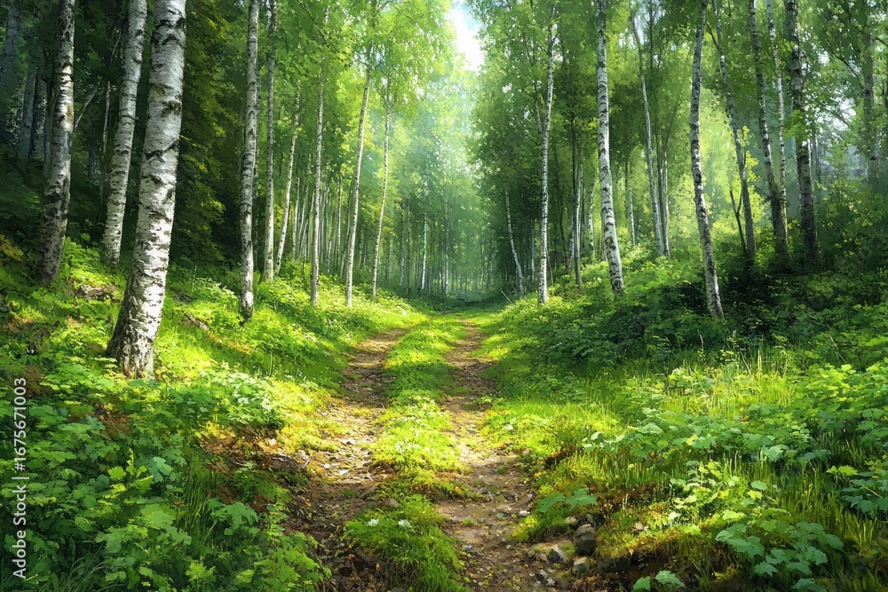 Obraz premium Sunny forest path surrounded by tall birch trees and lush green undergrowth evoking a serene and peaceful atmosphere
