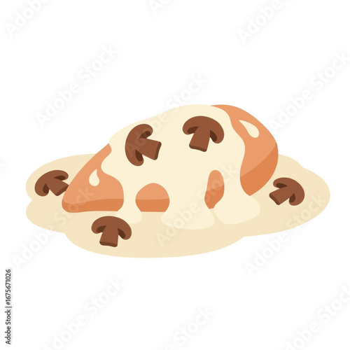 A piece of chicken breast, richly coated in a creamy mushroom sauce, is presented in a simple, flat design.