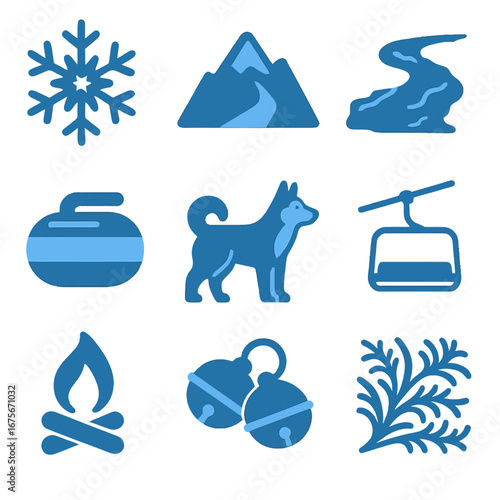 Winter icons set: snowflake, mountain, river, curling, dog, cable car, campfire, bells, branch
