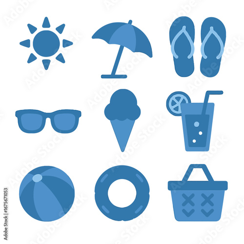 Summer essentials: blue silhouette icons of beach and vacation items
