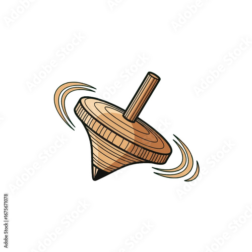 A stylized illustration of a spinning wooden top, showcasing dynamic motion and warm, natural tones against a dark background.