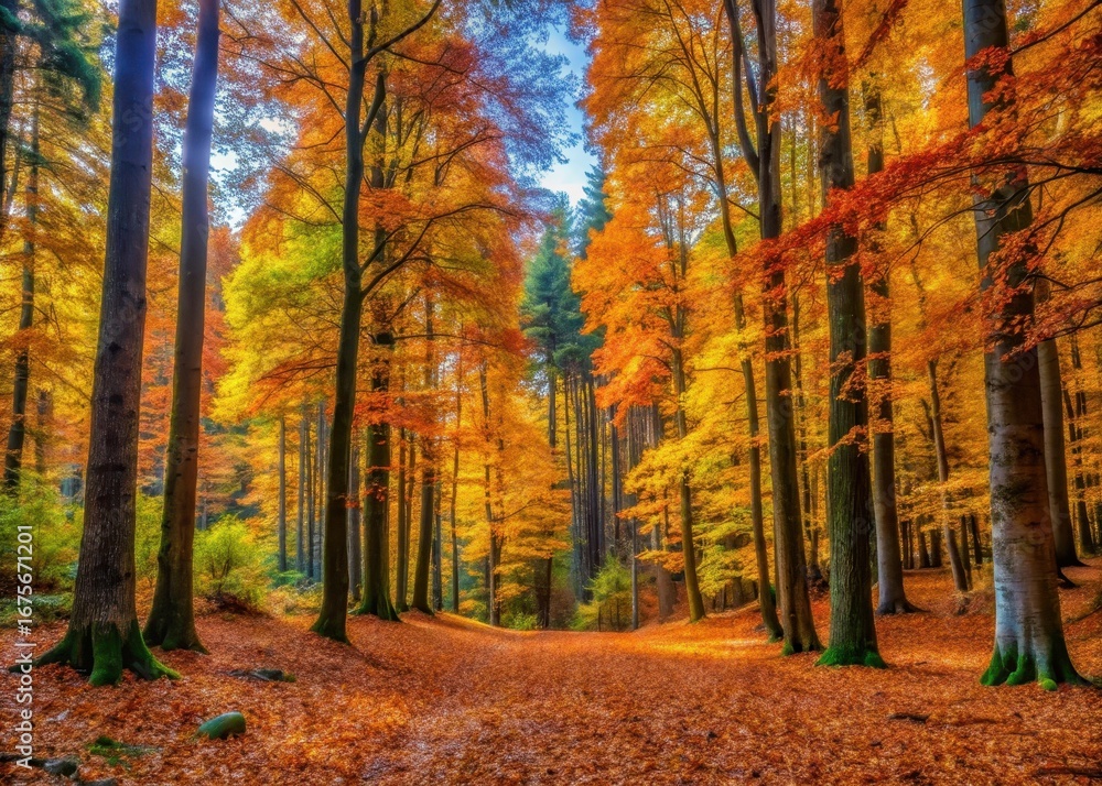Obraz premium Dense forest of deciduous trees with vibrant autumn colors and fallen leaves on the ground