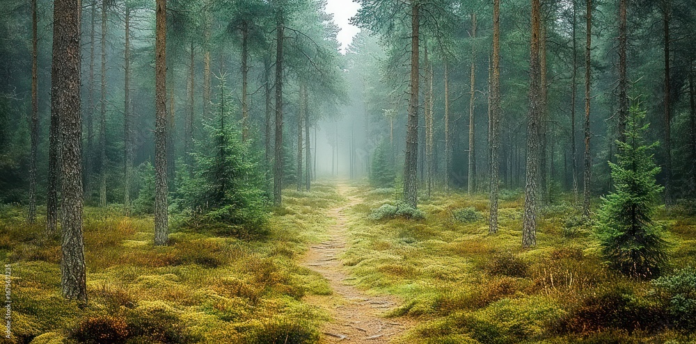 Obraz premium Misty forest pathway surrounded by tall pine trees and lush green moss in a tranquil and serene natural setting