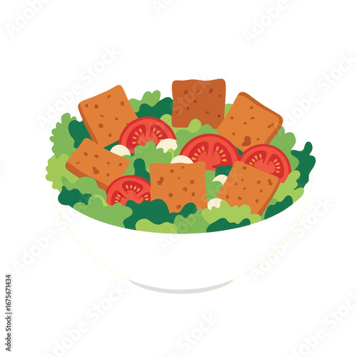 A vibrant illustration showcases a healthy salad in a white bowl, filled with crisp croutons, fresh lettuce, and juicy tomato slices.