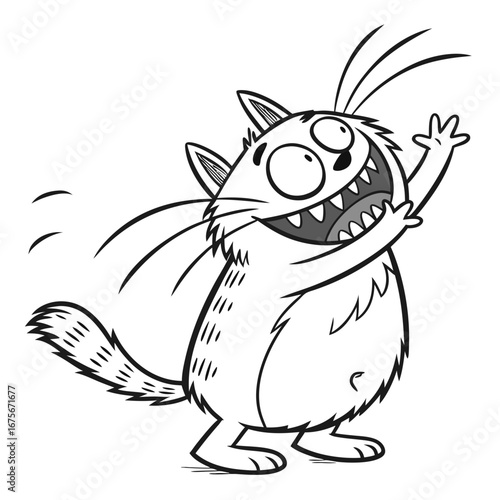 Hilarious cartoon cat waving hello, ready for fun and games, a whimsical character with a playful expression and goofy charm