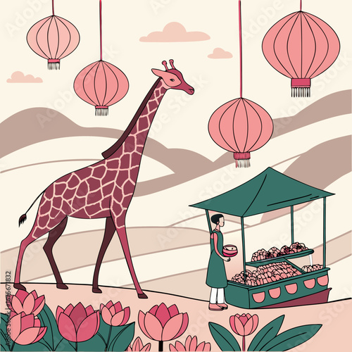 Whimsical giraffe at market stall selling exotic fruit, surrounded by glowing lanterns and blooming lotus flowers design