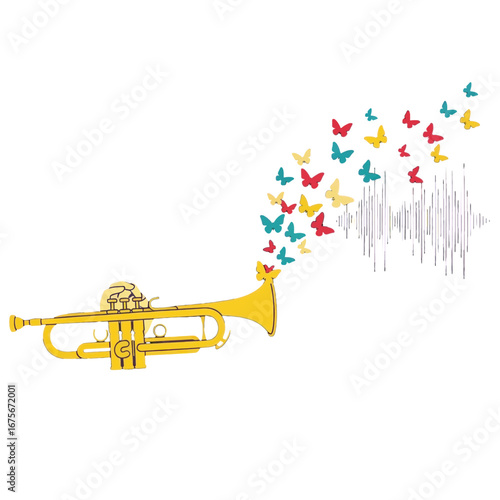 A golden trumpet emits a colorful symphony of butterflies, creating a vibrant musical image against a bold black backdrop.