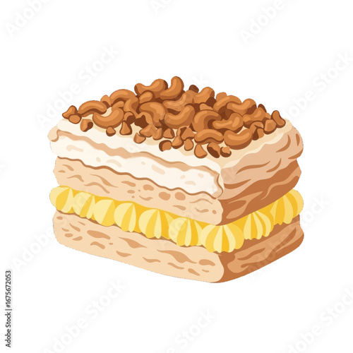 A delectable slice of layered pastry, adorned with crunchy nuts and a creamy filling, presented against a stark black background.
