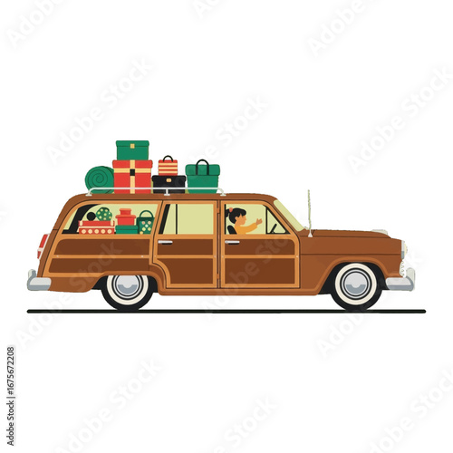 A vintage station wagon, laden with gifts and gear, is driven on a journey.