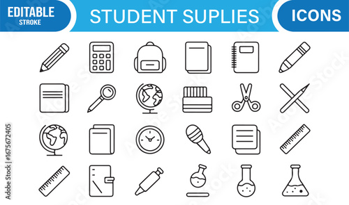 Stroke style student stationery icons set for education, learning, writing, and science subjects
