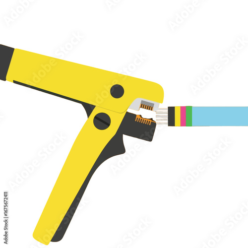 A yellow crimping tool is depicted, showcasing a wired connection, with a clear view of the internal components.