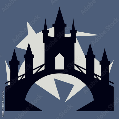Vector art of dark silhouette of a castle bridge with a starburst pattern behind it