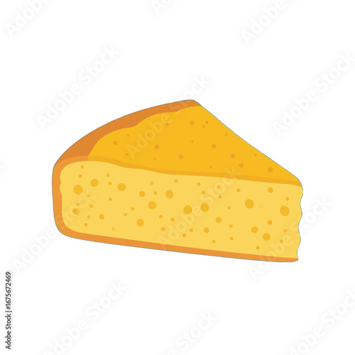 A bright, cheerful illustration depicts a delectable slice of cheese cake, highlighted by its warm golden color and textured surface.
