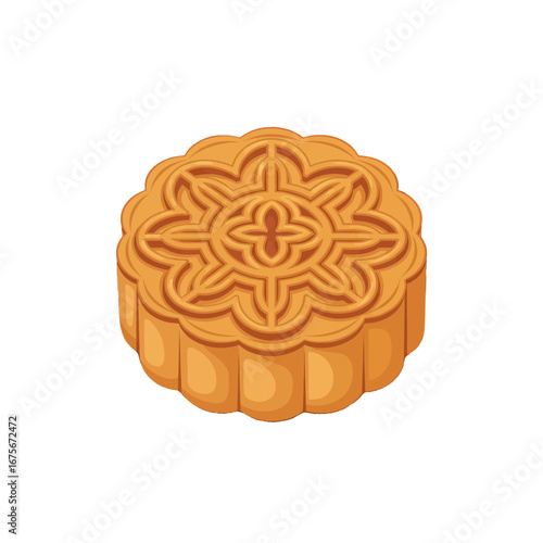 A decorative, golden-orange mooncake, highlighted against a black background, showcases intricate, floral patterns.