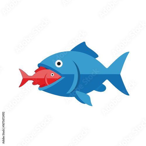 A stylized illustration depicts a large blue fish with an open mouth, consuming a smaller red fish against a plain black backdrop.
