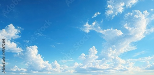 Bright blue sky filled with various white fluffy clouds on a clear sunny day