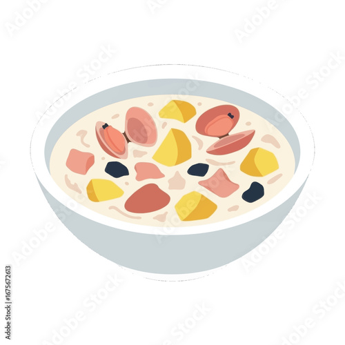 A colorful illustration of a bowl filled with a savory, chunky soup or stew, featuring diverse ingredients.