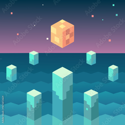 Vector art of pixel art landscape with glowing cubes in water at sunset, purple sky