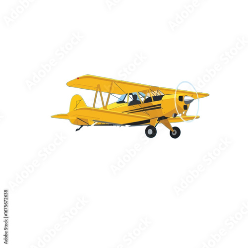 A bright yellow biplane soars against a stark black background, showcasing its intricate design and dynamic flight.