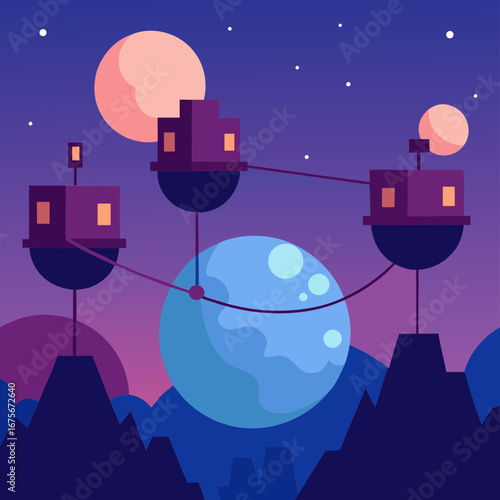 Vector art of futuristic alien cityscape with floating buildings and planets at night