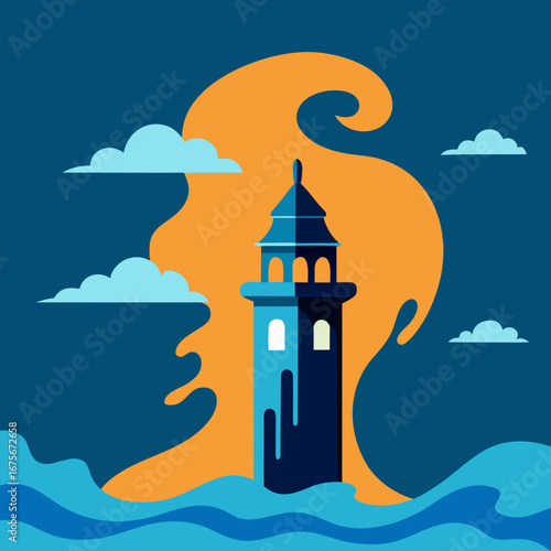 Vector art of lighthouse standing tall amidst a stormy sea with dramatic orange sky