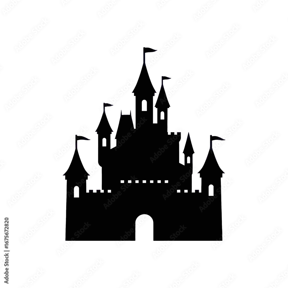 Obraz premium Dark silhouette of a majestic fairytale castle, complete with towers and banners, against a pure black background.