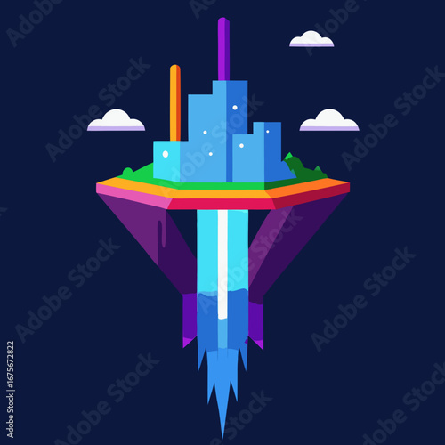 Vector art of futuristic city on a floating island with a beam of light shooting down