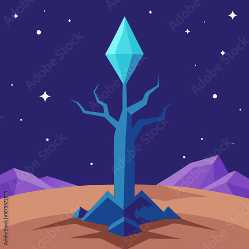 Vector art of alien crystal tree on a desolate planet under a starry night sky