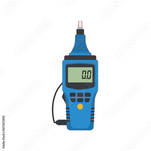 A detailed illustration of a portable blue digital hygrometer displayed against a stark black background.