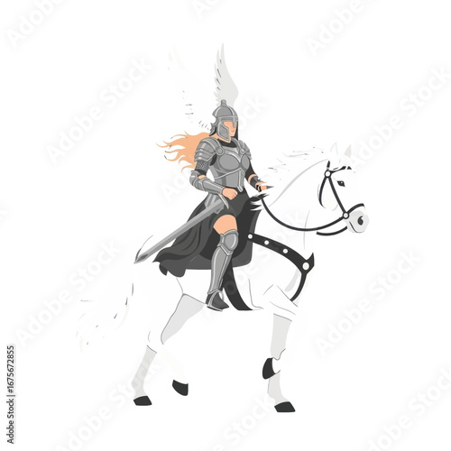 A female warrior in gleaming silver armor, mounted on a majestic white steed, displays a dynamic pose against a stark black backdrop.