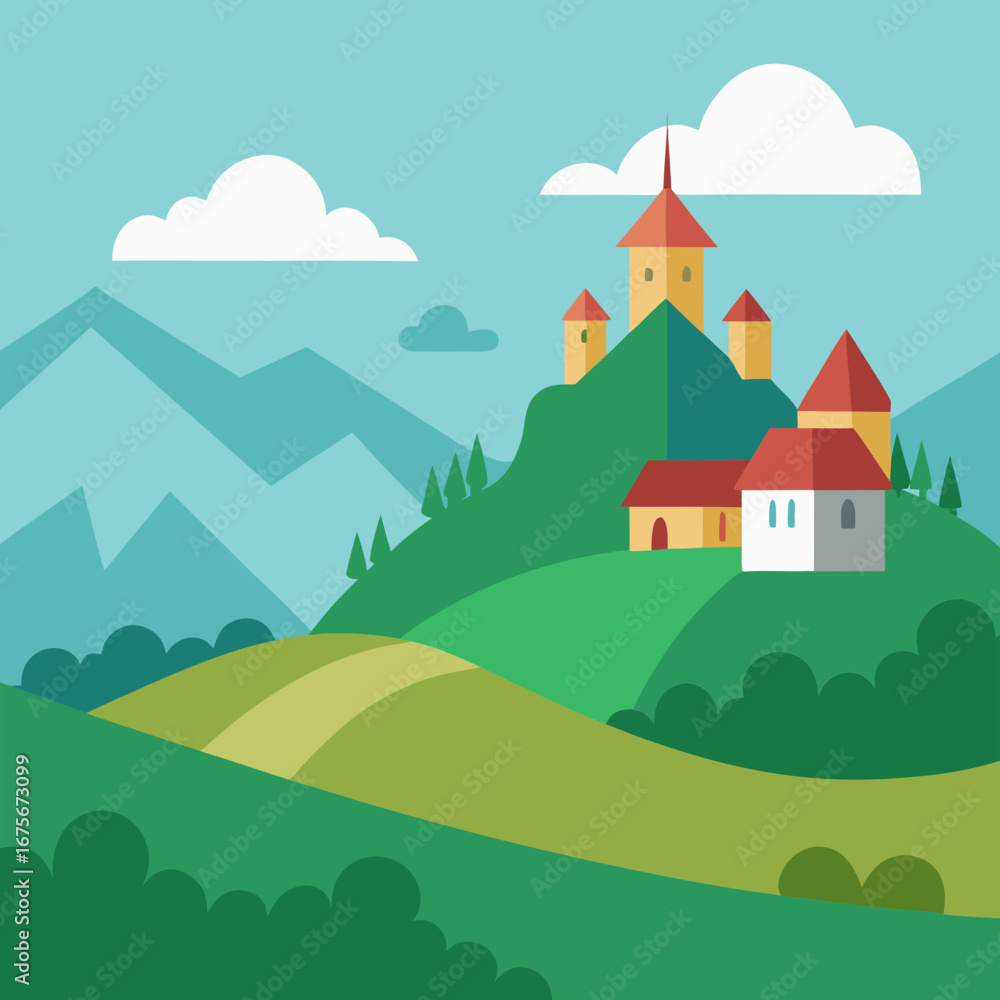 Fototapeta premium Vector art of picturesque rolling hills with a castle on a mountaintop