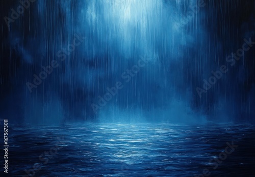 Dark blue abstract scene with heavy vertical streaks resembling rain falling over a rough ocean surface illuminated by faint light above