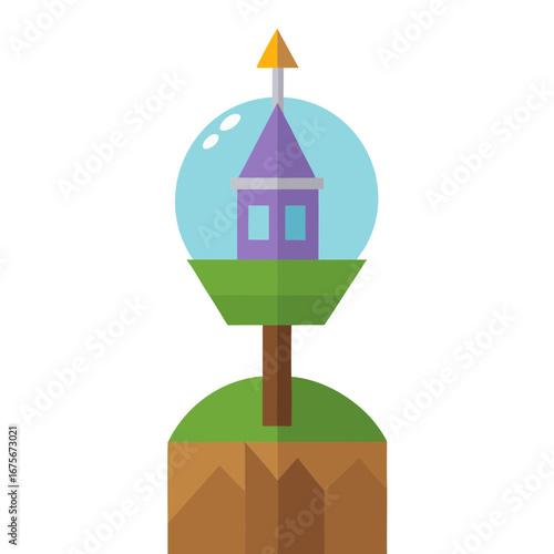Vector art of fantasy tower inside a glass sphere on a floating island