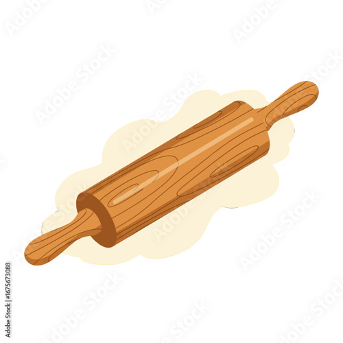 A wooden rolling pin sits atop a cloud of flour, displaying its smooth, textured surface and comfortable handles.