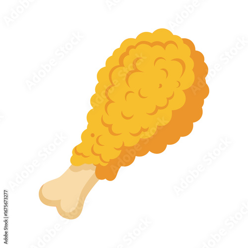 A crispy fried chicken leg, highlighted by its vibrant yellow coating, is presented against a bold black backdrop.