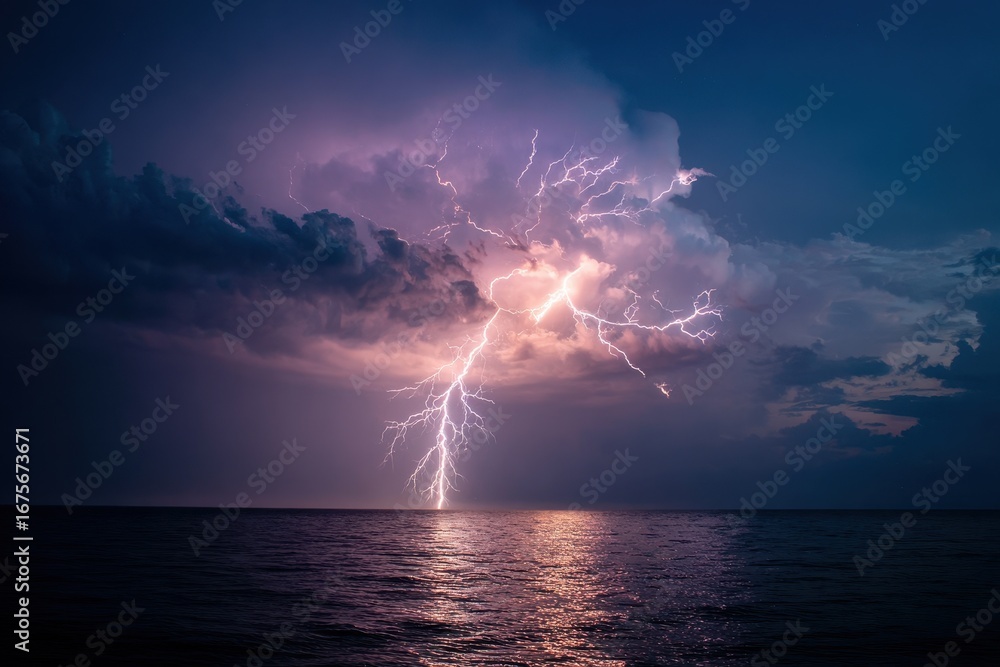 Fototapeta premium Striking lightning illuminates dark clouds above calm ocean waters during a dramatic evening storm