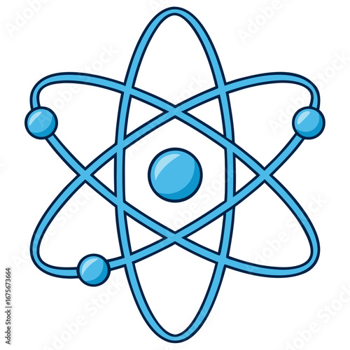 Stylized blue atom model with orbiting electrons