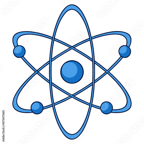 Stylized blue atom model with orbiting electrons