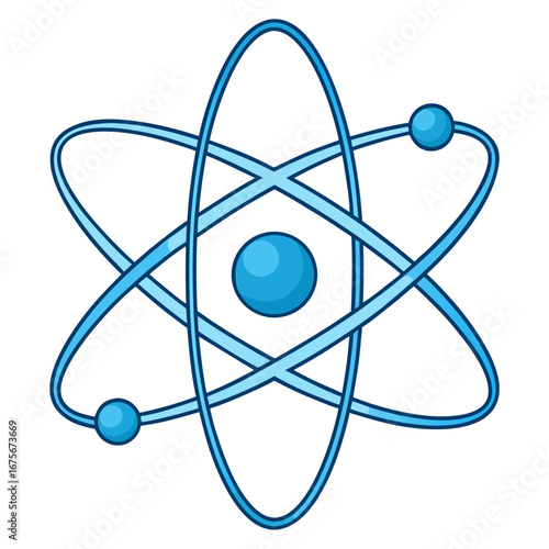 Stylized blue atom model with orbiting electrons