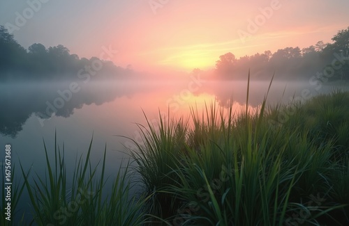 Peaceful sunrise over misty river with pink, orange hues reflecting on calm water. Tall green grass lines bank, creating serene natural landscape. Gentle dawn light breaks through fog, tranquil